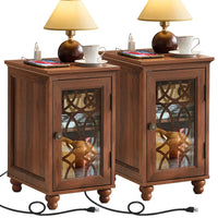 Pair of brown wood nightstands with glass cabinet doors and two table lamps.