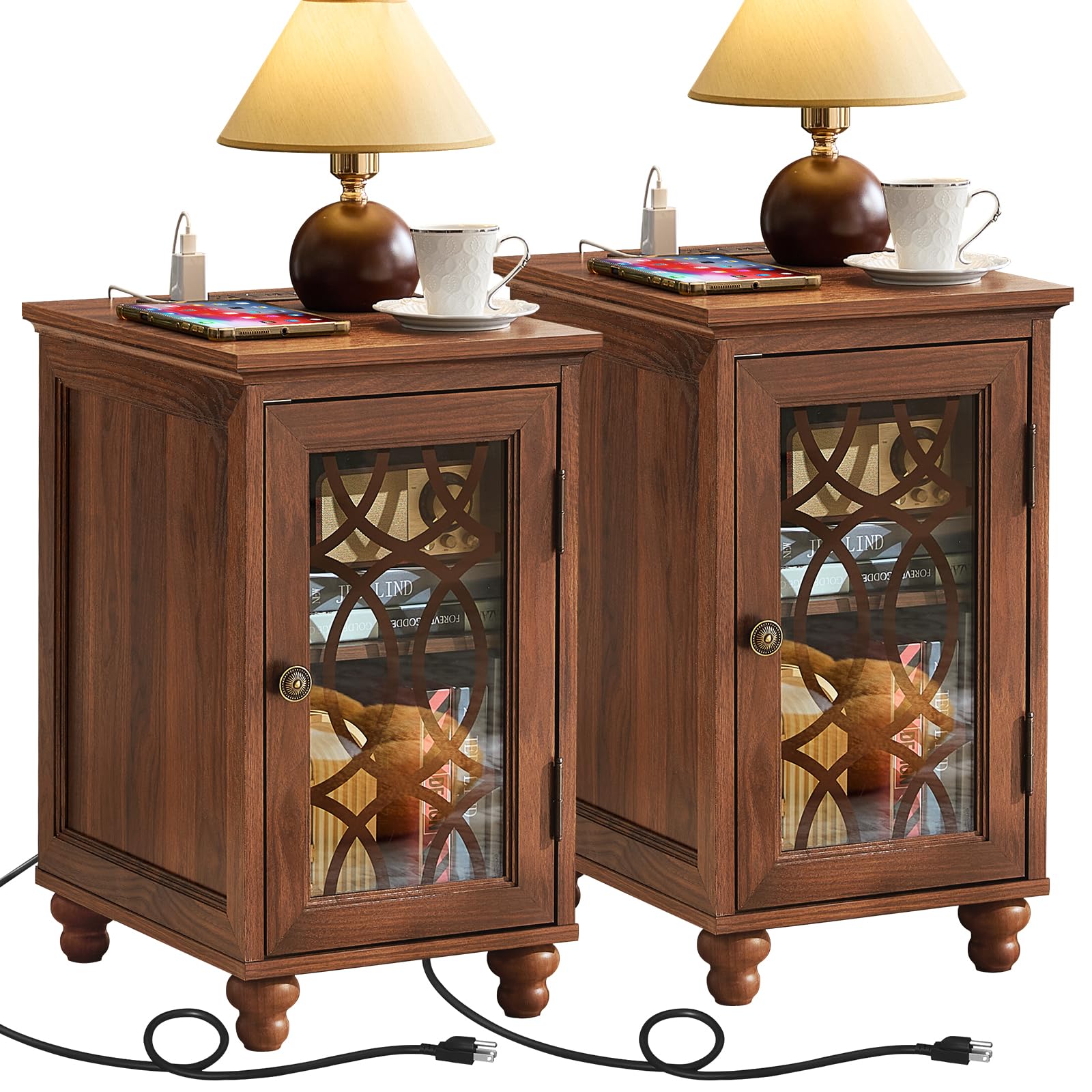 Pair of brown wood nightstands with glass cabinet doors and two table lamps.
