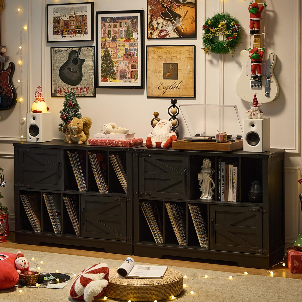 Record player cabinet with barn doors and open vinyl storage, dark gray wood