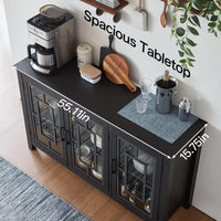 Black sideboard buffet cabinet with two glass doors and a flat countertop