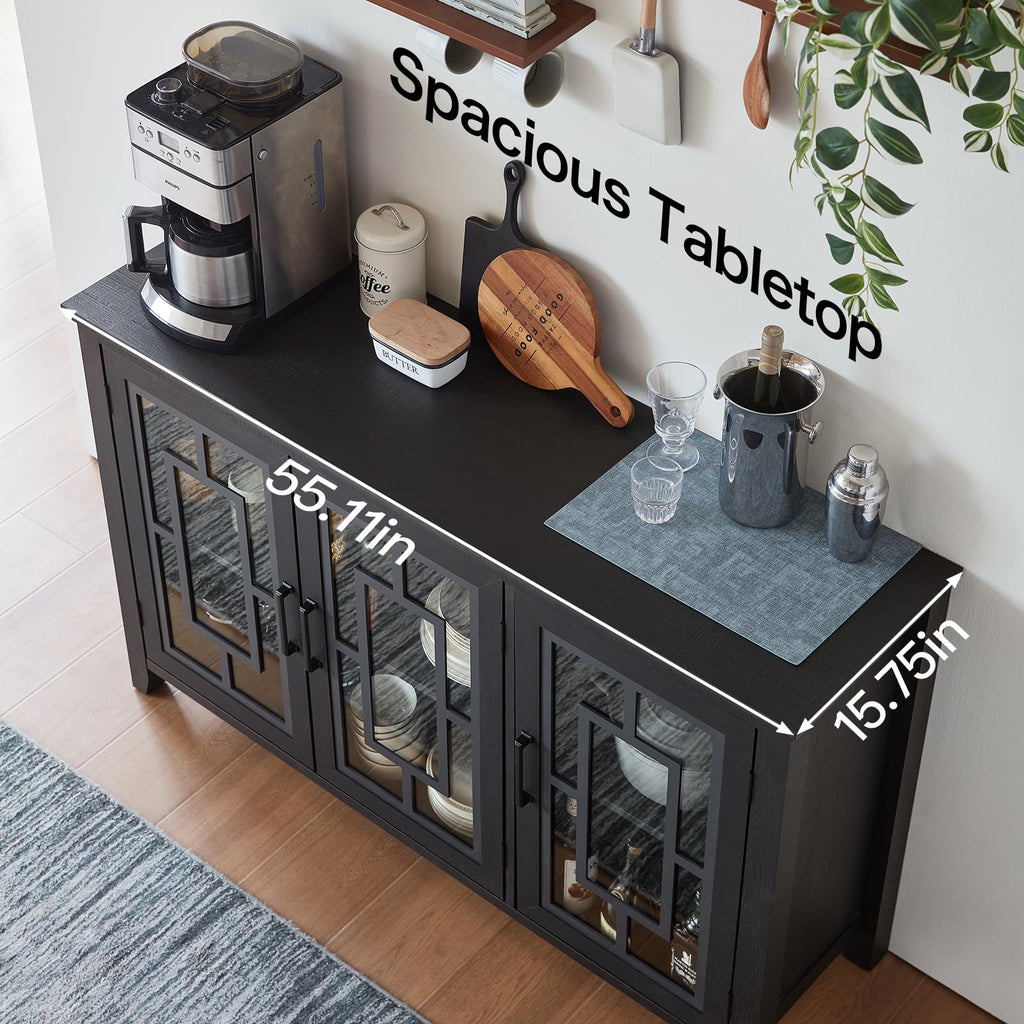 Dark brown sideboard buffet cabinet with two glass doors and open storage shelves