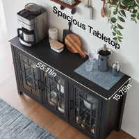 Brown sideboard buffet cabinet with glass doors and black top, multiple storage shelves.