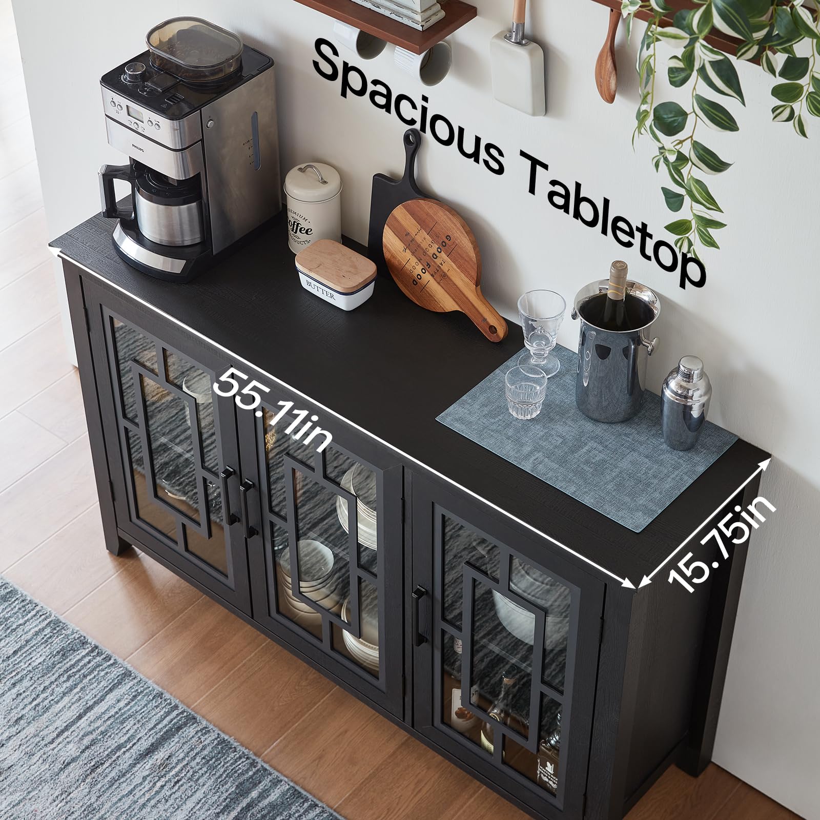 Dark brown sideboard buffet cabinet with two glass doors and open storage shelves