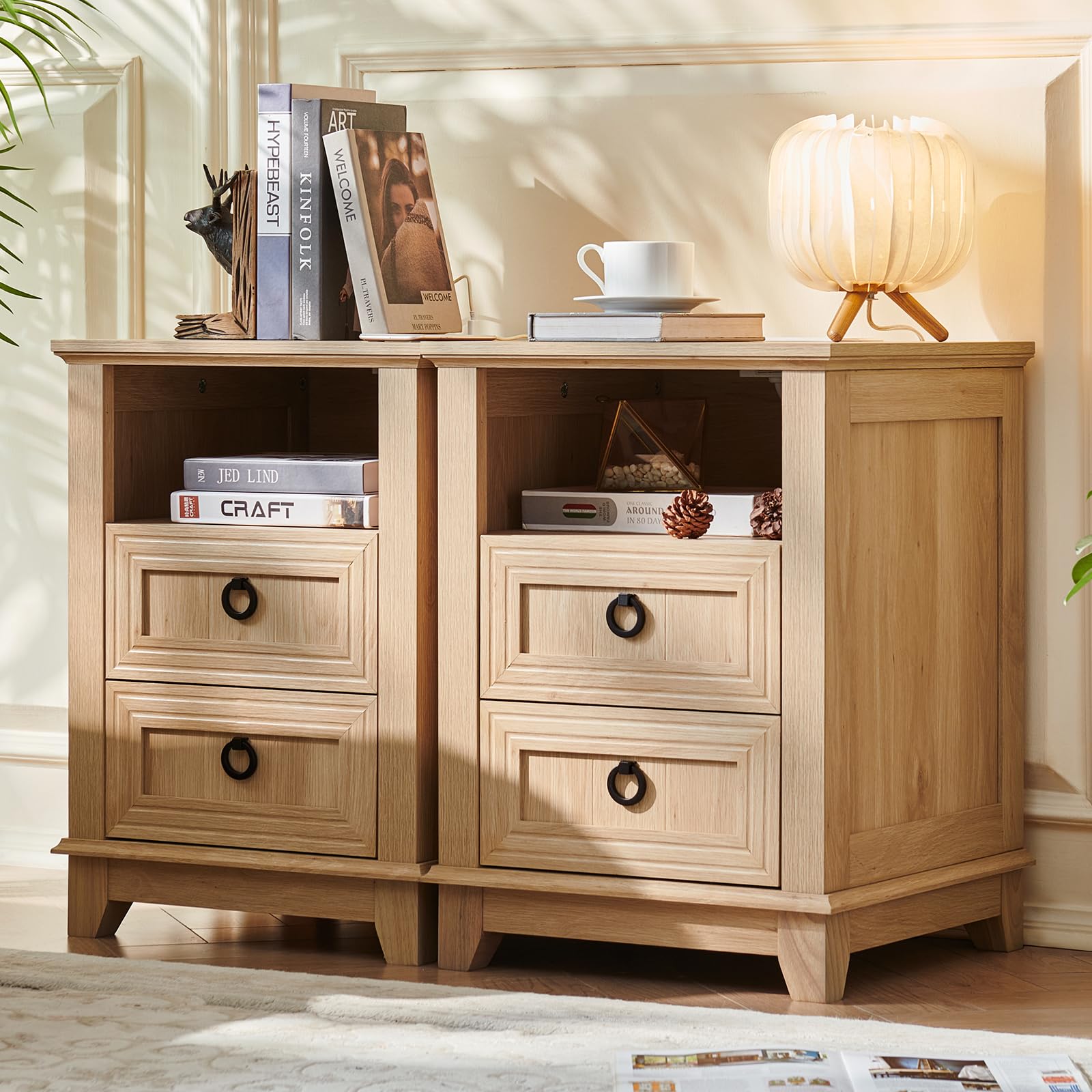 Light wood farmhouse nightstand set of 2 with three drawers and round knobs