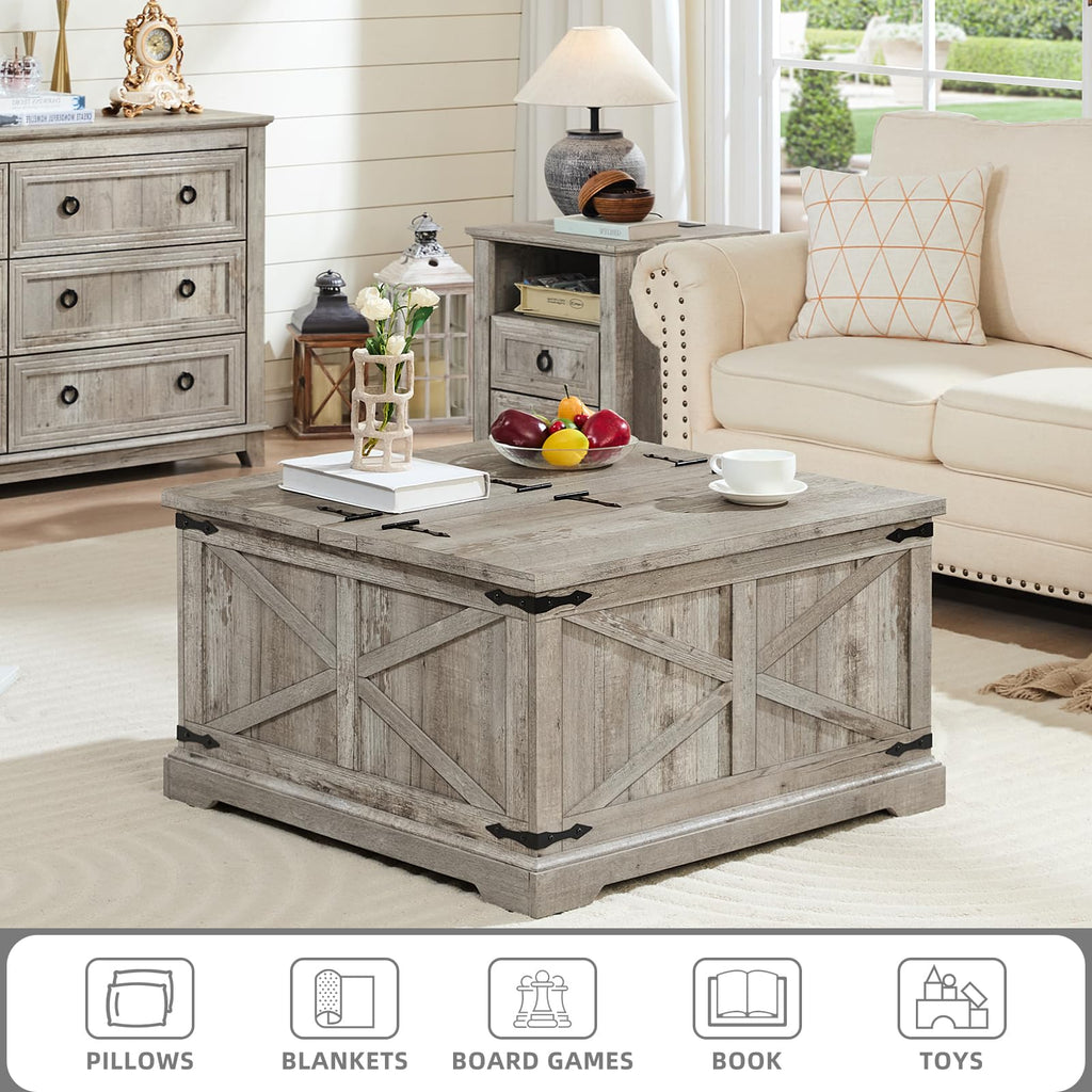 Gray farmhouse lift-top coffee table with hidden storage and hinged lid