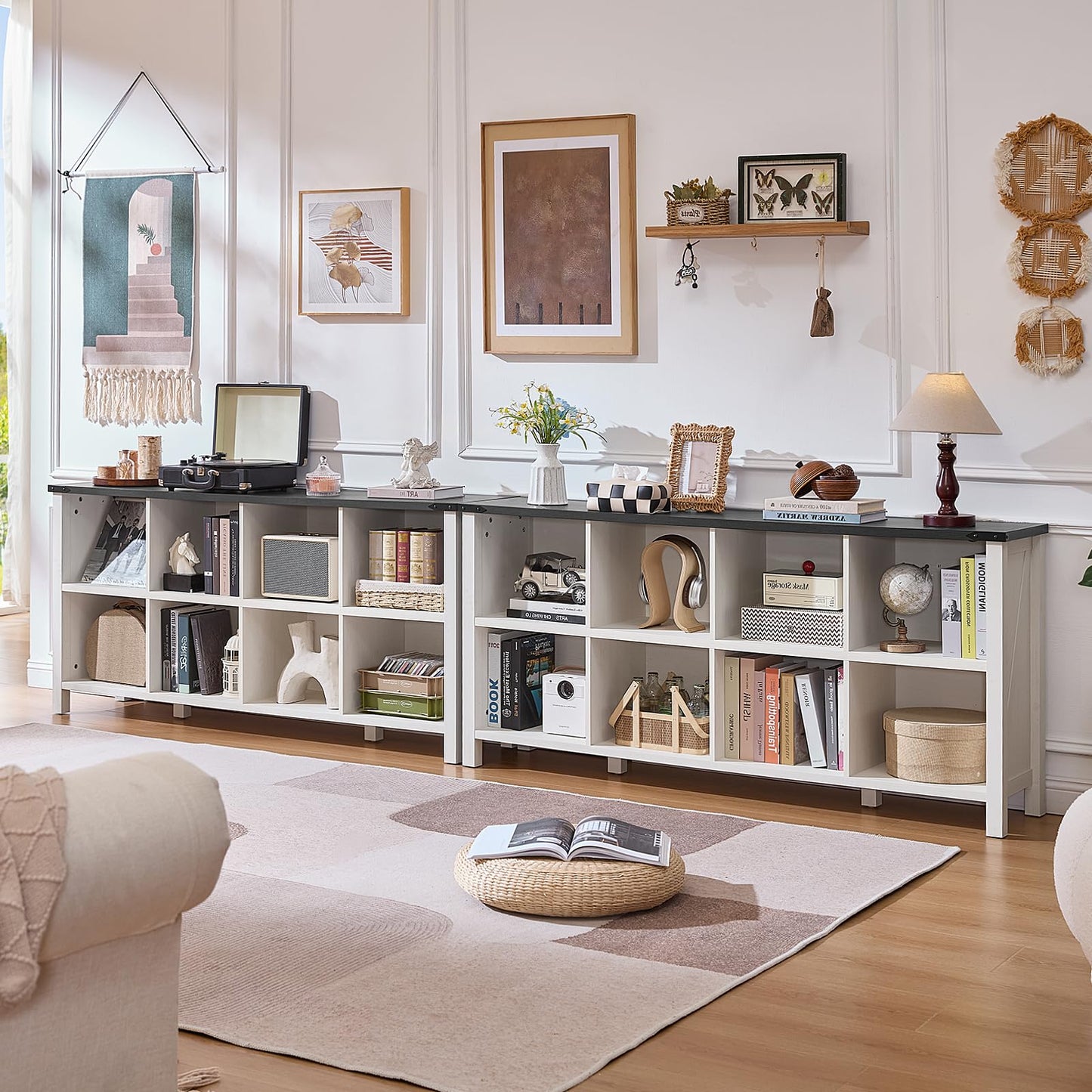 White open bookcase with multiple cubbies and a long top surface for decor