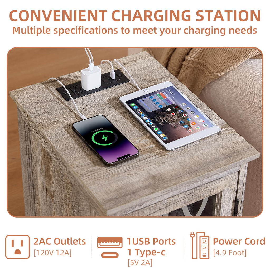 Narrow charging end table with top tray showing phone and power ports, dark wood