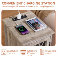 Narrow charging end table with top tray showing phone and power ports, dark wood