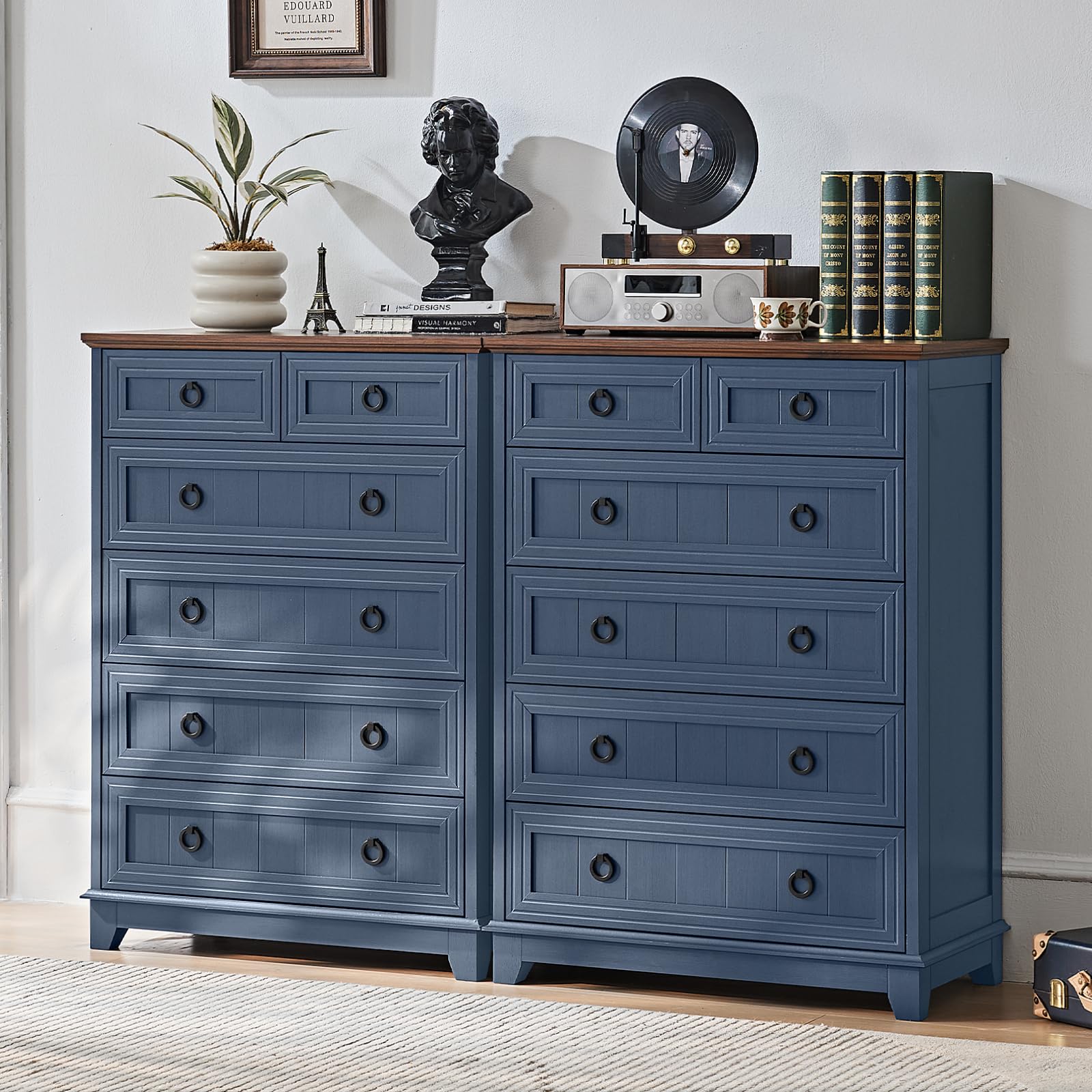 18" Farmhouse Night Stand with Charging Station, 2 Drawers End Table Dresser for Bedroom, Blue Wooden Nightstand, Bed Side Table with Open Shelf, Bedside Cabinet for Living Room, Closet