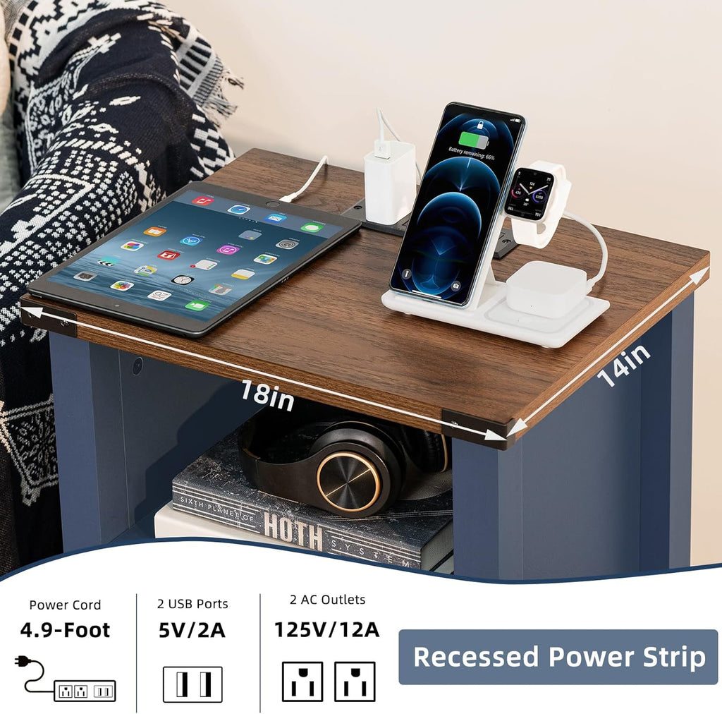 Blue nightstand with wood top and recessed power strip plus USB ports