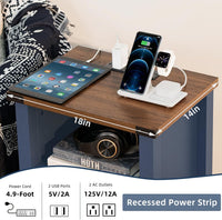 Joaxswe 18-Inch Nightstand with Charging Station and Fluted Door,Dark Blue | 18-inch bedside table with AC and USB charging, open storage and a magnetic fluted door for bedroom essentials