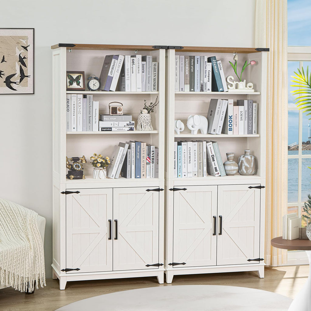 70in Tall Bookshelf 5 Tier Bookcase with Barn Doors and Adjustable Shelves, Blue Farmhouse Book Shelf with Storage Cabinet, Wood Freestanding Display Bookshelves for Bedroom, Living Room | Bookcase, Barn Doors, Adjustable Shelves, Book Shelf, Storage Cabi