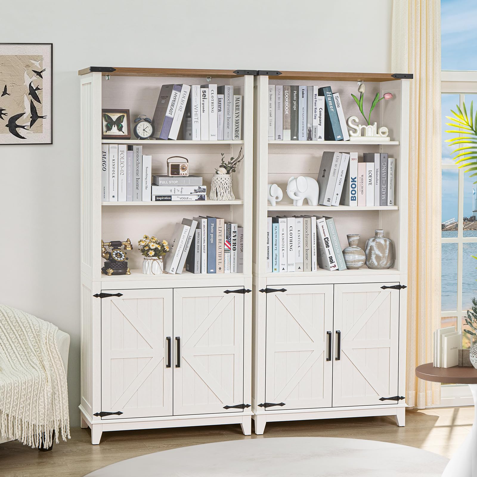 70in Tall Bookshelf 5 Tier Bookcase with Barn Doors and Adjustable Shelves, Blue Farmhouse Book Shelf with Storage Cabinet, Wood Freestanding Display Bookshelves for Bedroom, Living Room | Bookcase, Barn Doors, Adjustable Shelves, Book Shelf, Storage Cabi