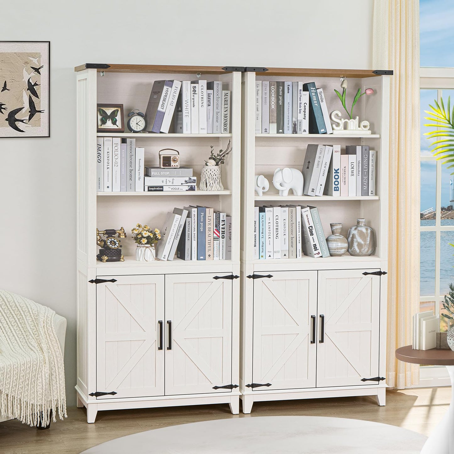 Joaxswe 70in Tall Bookshelf 5 Tier Bookcase with Barn Doors and Adjustable Shelves, Blue Farmhouse Book Shelf with Storage Cabinet, Wood Freestanding Display Bookshelves for Bedroom, Living Room