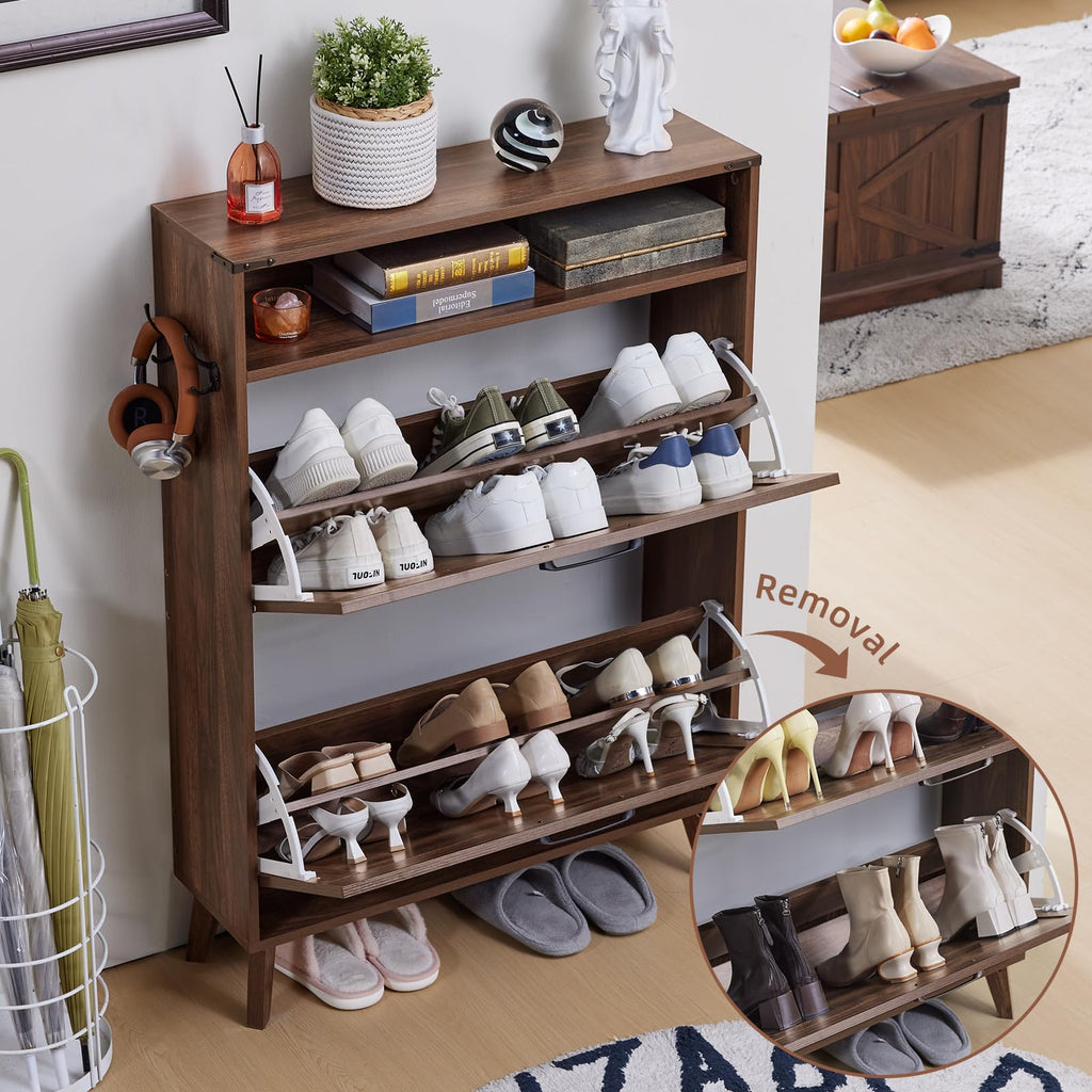 Shoe storage cabinet with flip drawer and open shoe shelves, brown wood