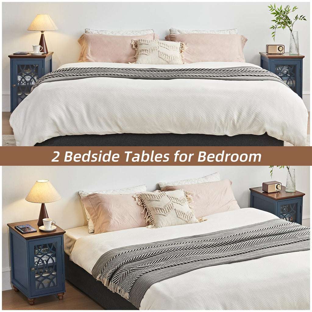 Two narrow bedside tables with glass doors, placed beside a bed.