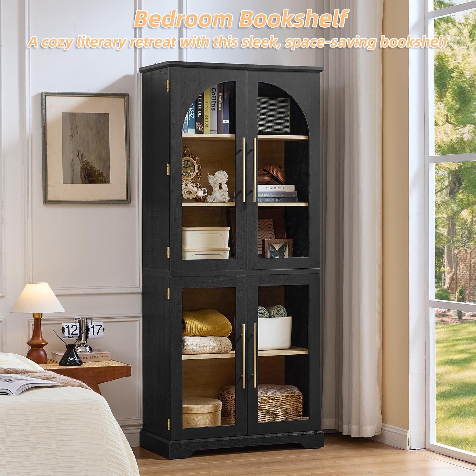 Tall display cabinet with curved glass doors and adjustable shelves, dark gray frame