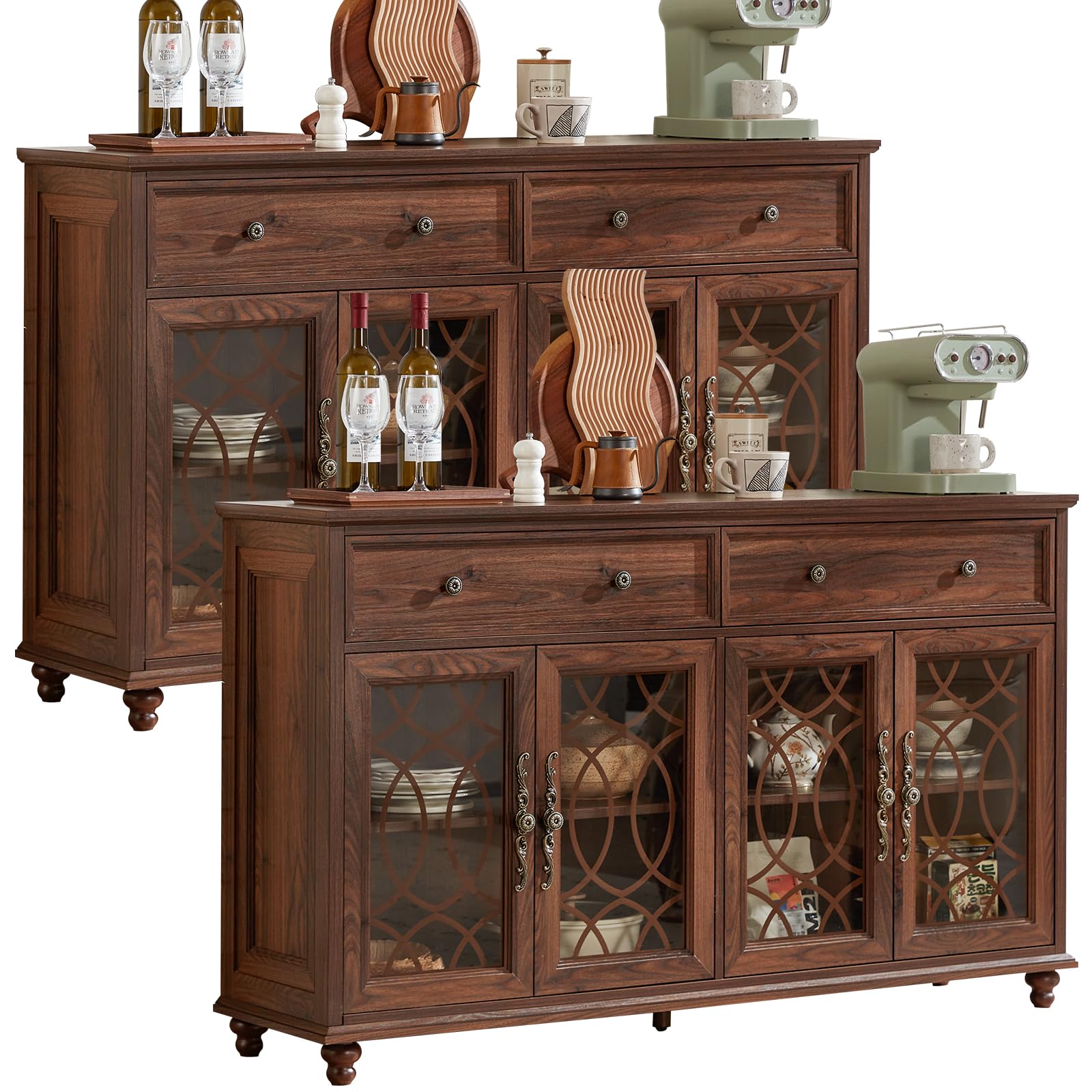Farmhouse sideboard cabinet with 4 glass doors and 2 drawers, medium wood finish, bun feet