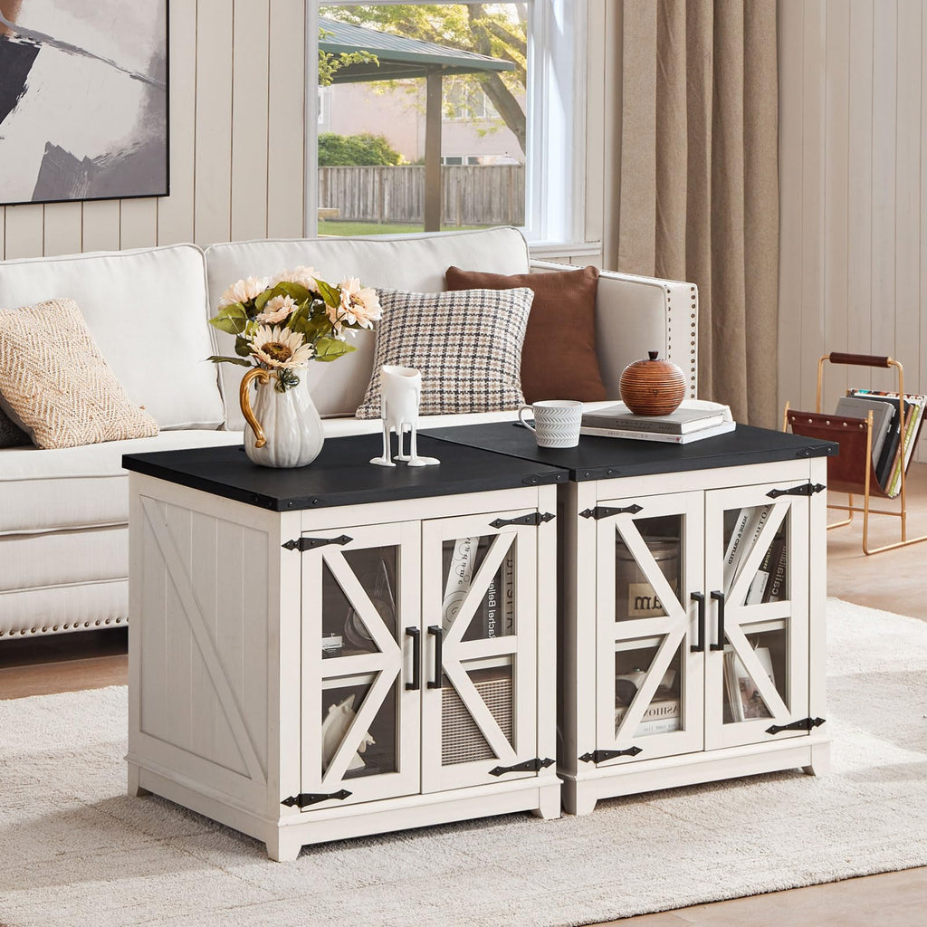 White farmhouse end table with two cabinet doors and decorative X panels, black top