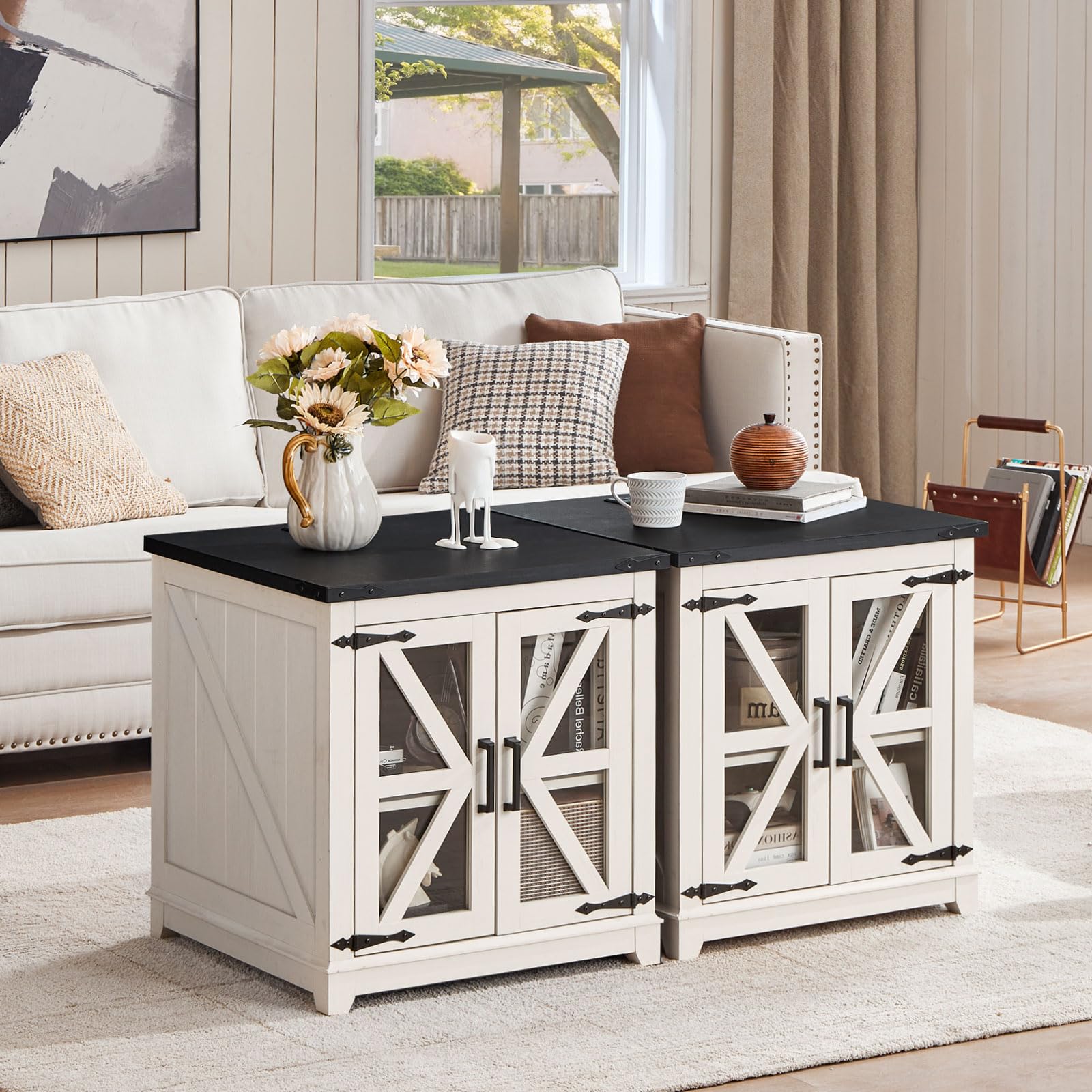 White farmhouse end table with two cabinet doors and decorative X panels, black top