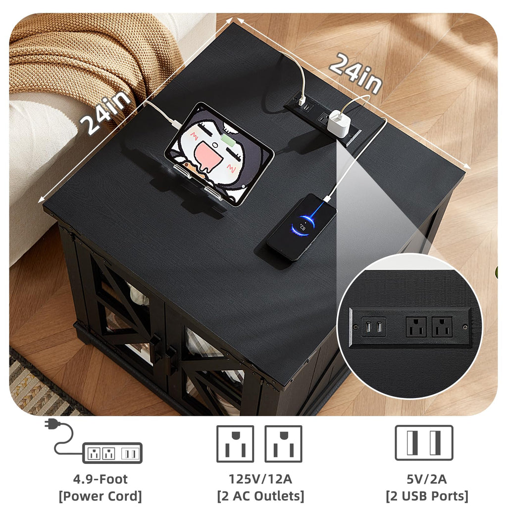 Black coffee table with flip-top surface and built-in charging ports with devices.