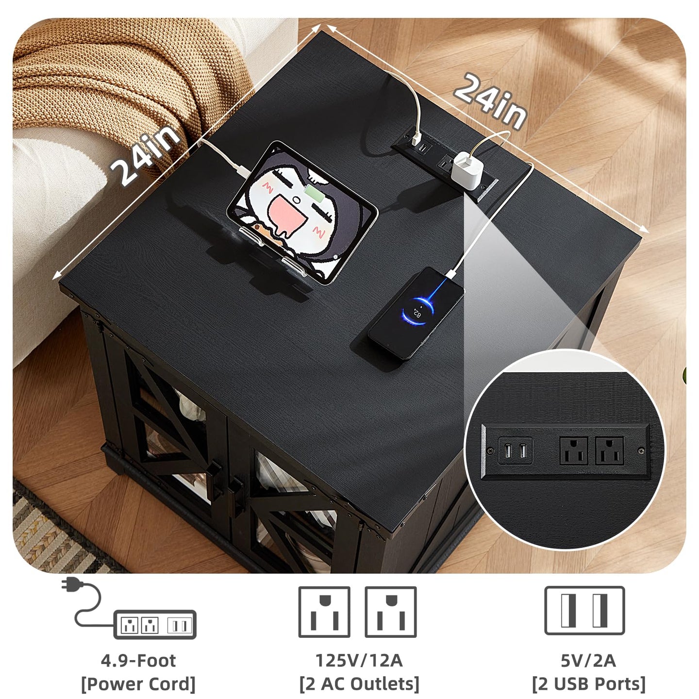 Black coffee table with flip-top surface and built-in charging ports with devices.