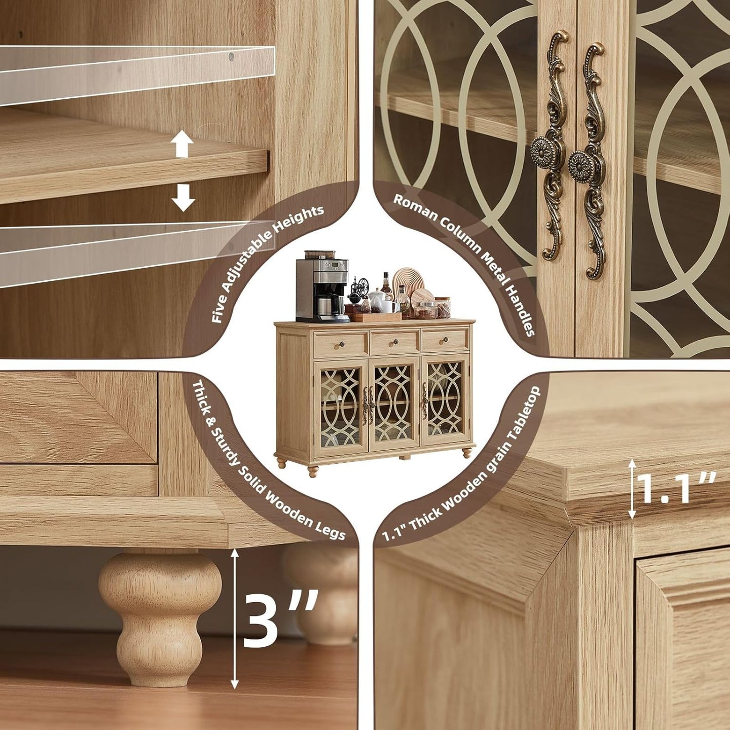 Light wood sideboard buffet cabinet with interior shelves, thick legs and sliding adjustment