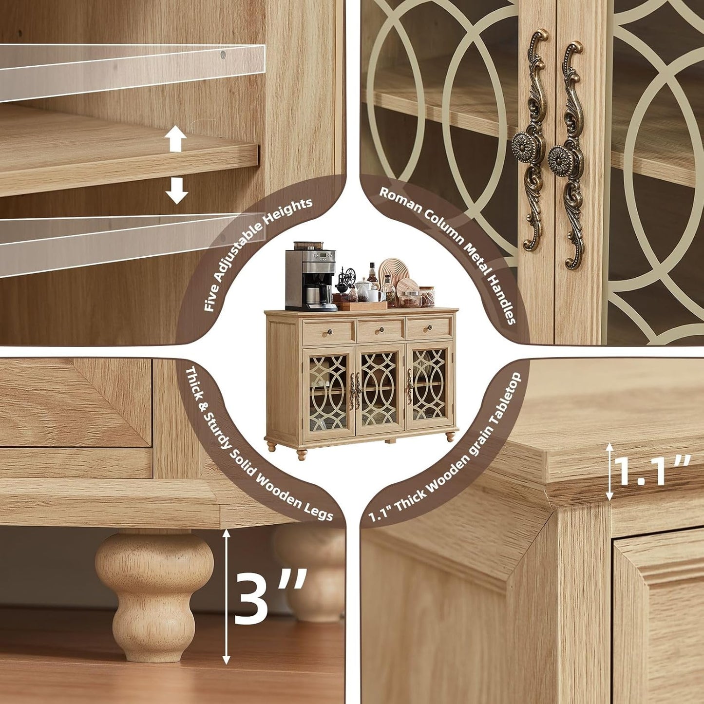 Light wood sideboard buffet cabinet with interior shelves, thick legs and sliding adjustment
