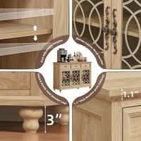 Light wood sideboard buffet cabinet with interior shelves, thick legs and sliding adjustment
