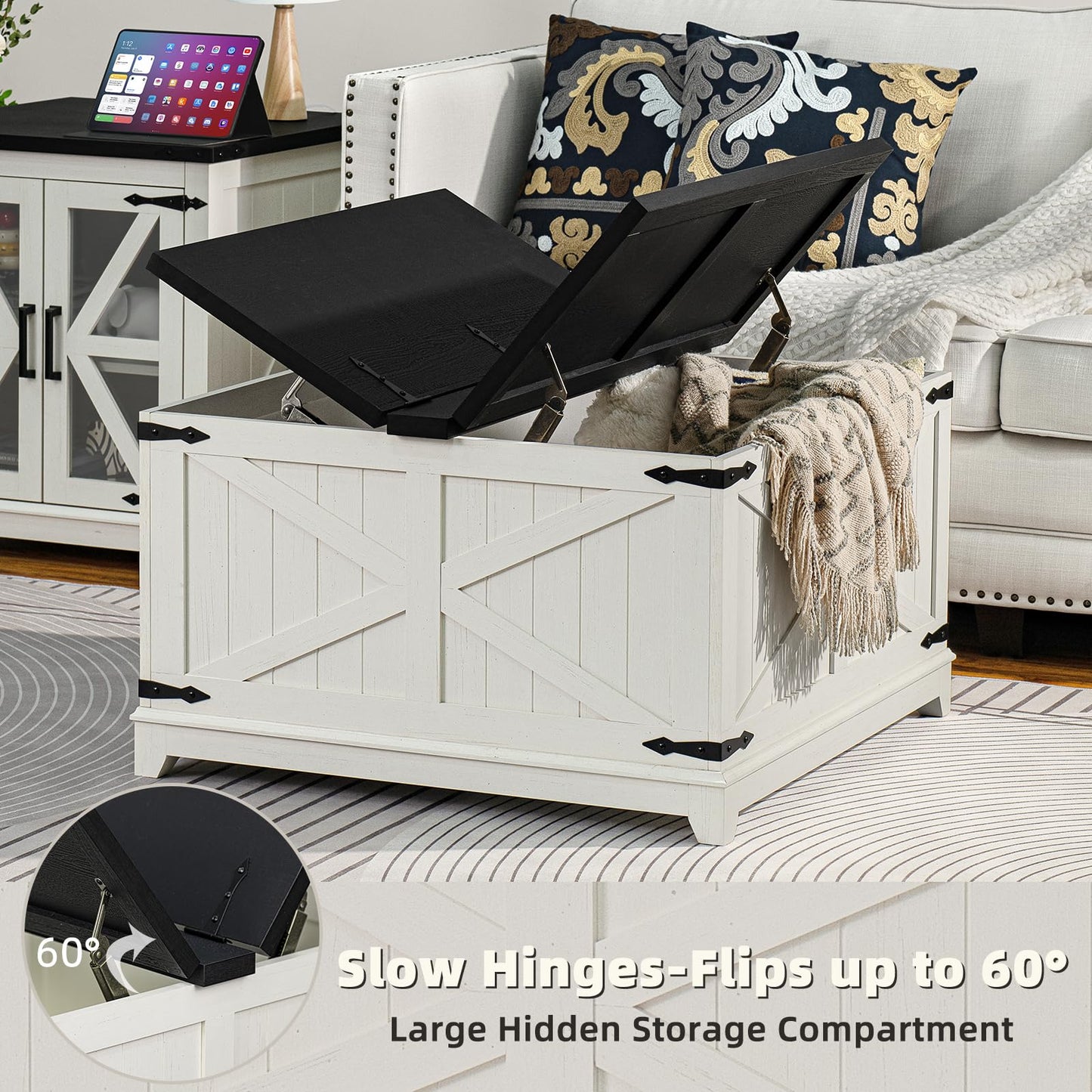 White farmhouse coffee table with open flip-top lid and black hinge hardware.