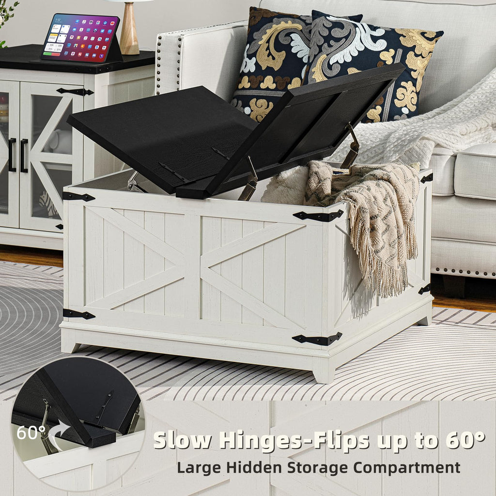 Square coffee table with lift-up top, hidden storage compartment, white base with black tabletop