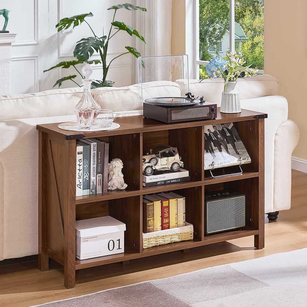 Brown wood bookcase with open cubby shelves and four legs for everyday storage