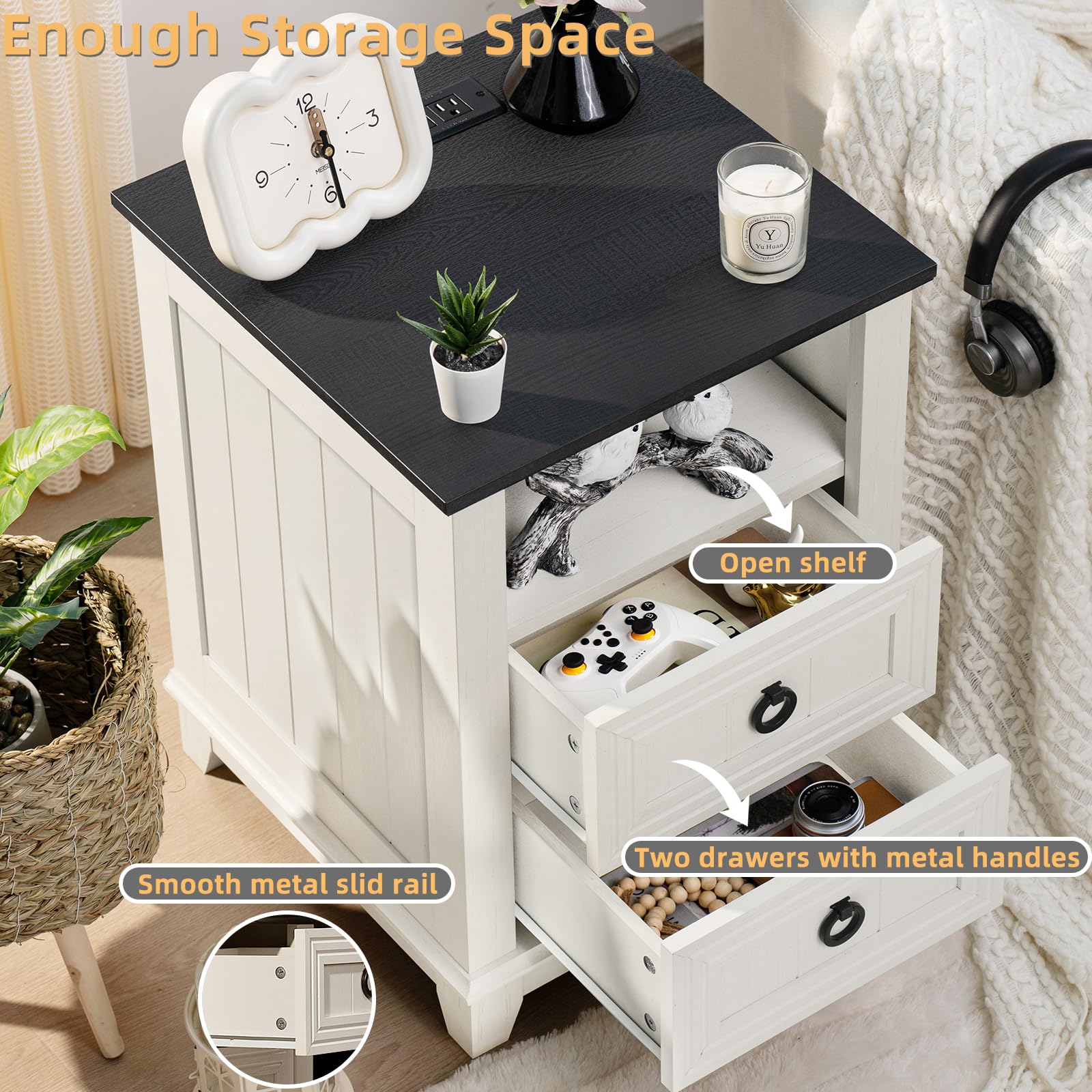 White farmhouse coffee table with open shelf and two drawers, metal handles