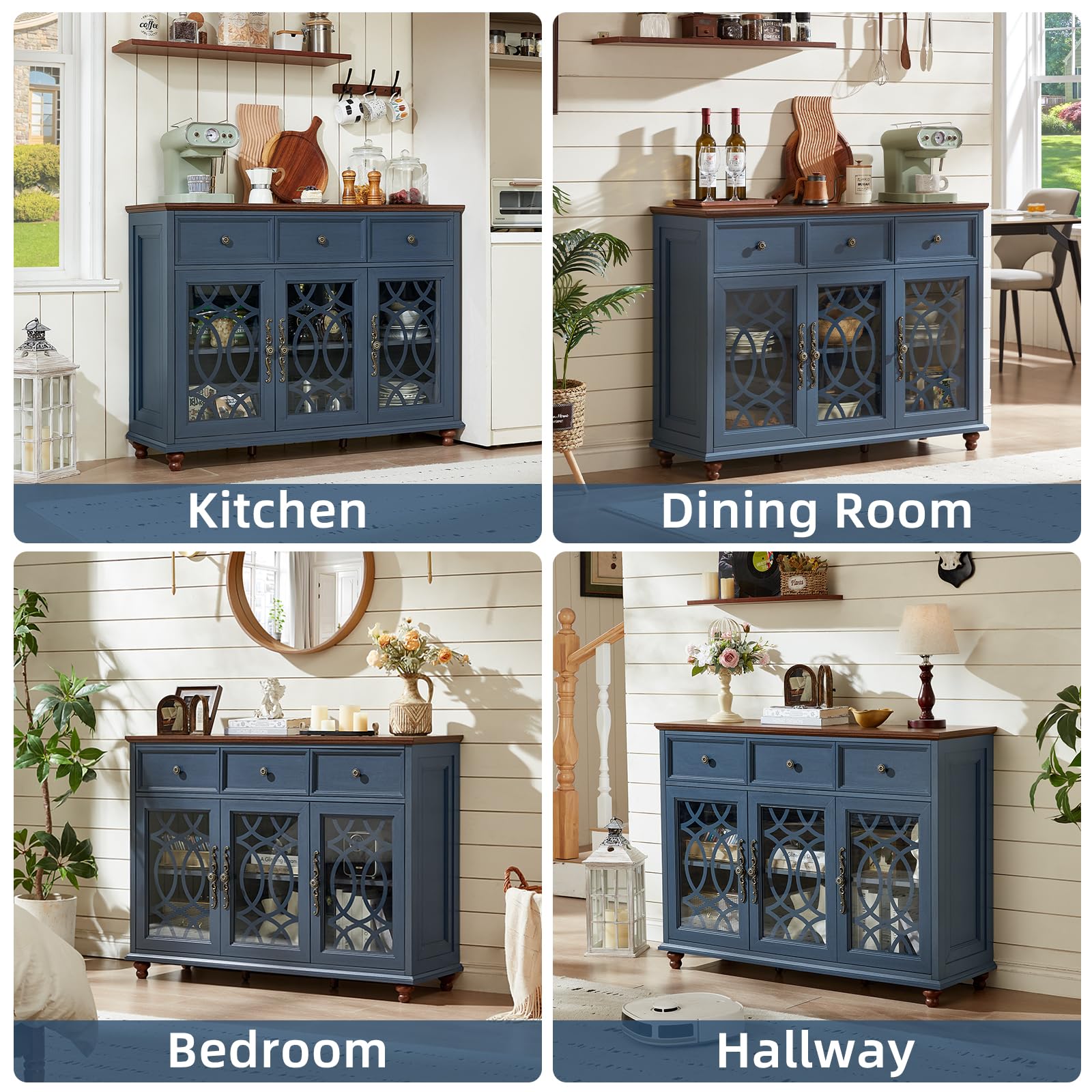 Blue farmhouse sideboard cabinet with three glass doors and three drawer fronts