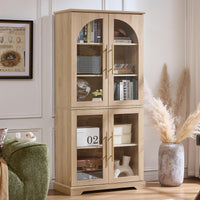 Tall bookcase cabinet in light wood with 4 curved glass doors and open shelving inside
