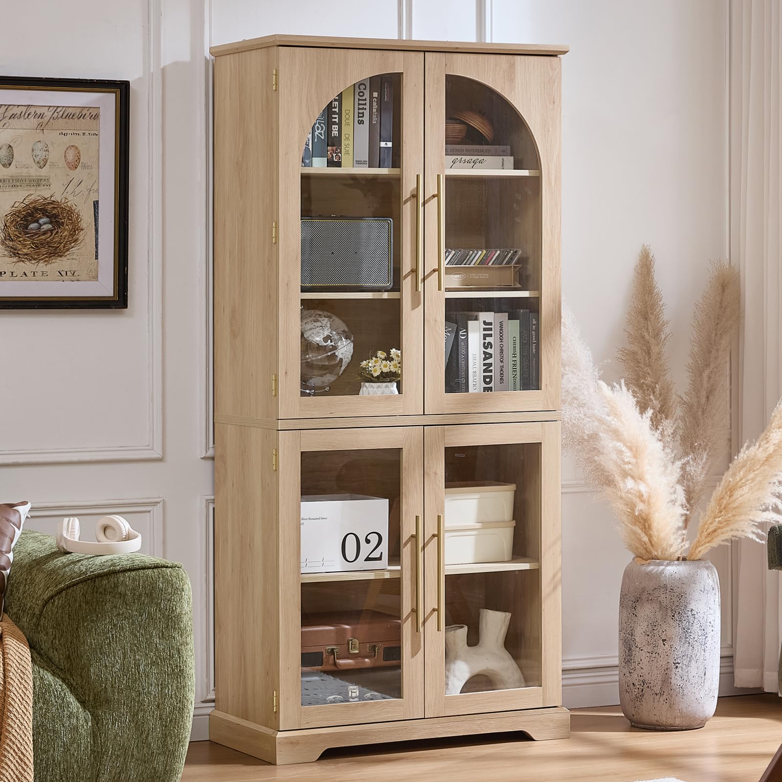 Tall bookcase cabinet in light wood with 4 curved glass doors and open shelving inside