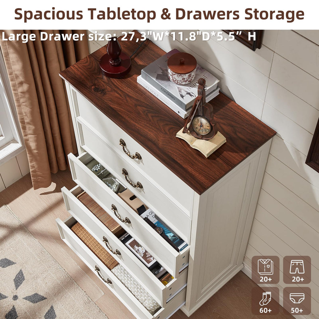 Brown wood dresser with open drawers, wide tabletop, and metal knob pulls