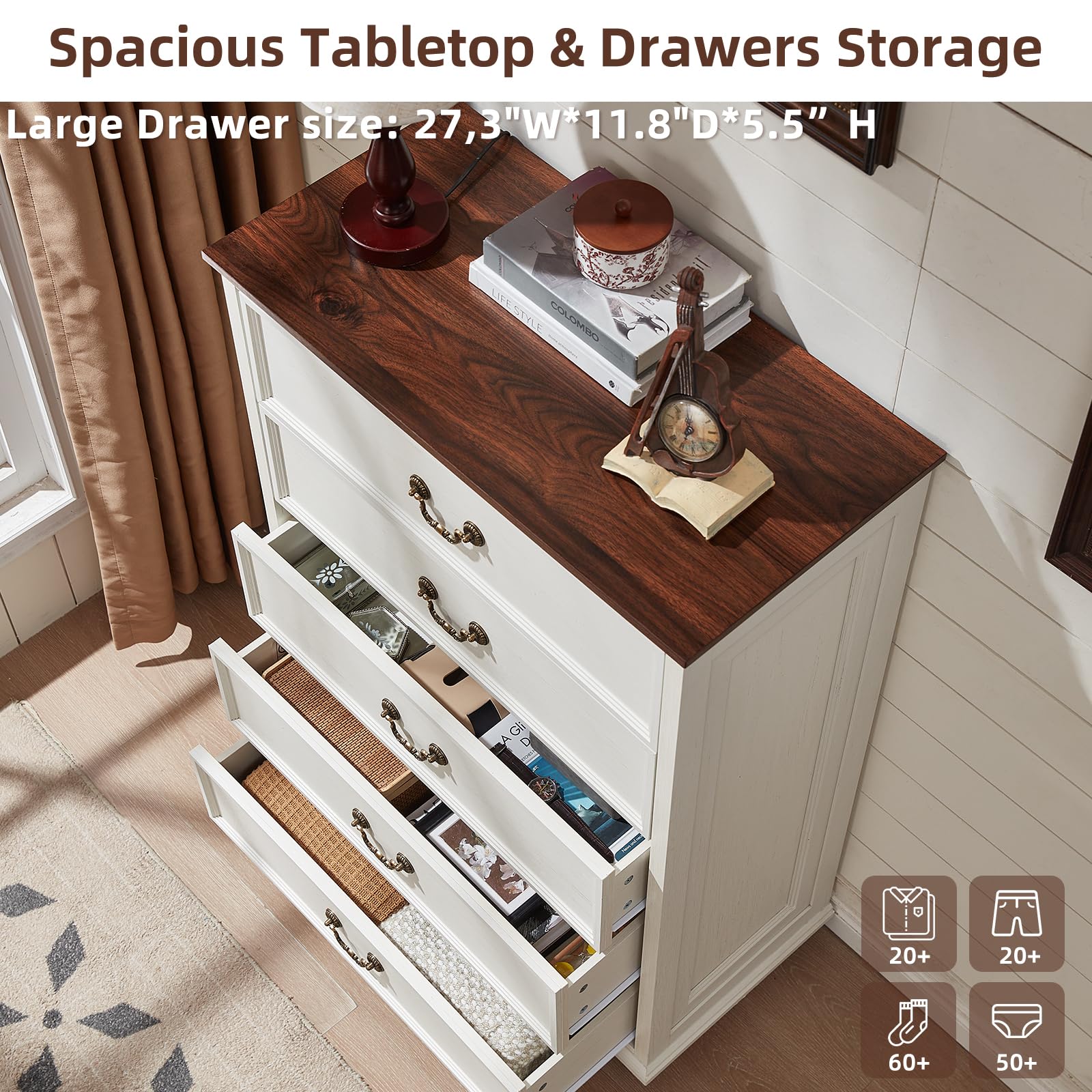 Brown wood dresser with open drawers, wide tabletop, and metal knob pulls
