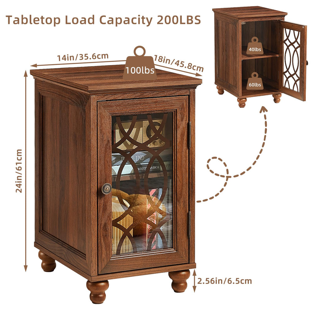 Narrow side table with glass door and wooden legs, front view.
