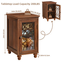 Narrow side table with glass door and wooden legs, front view.