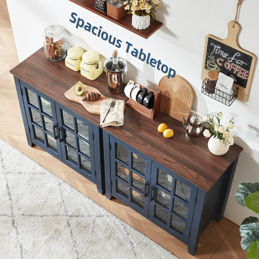 Dark blue sideboard cabinet with two glass doors and warm brown tabletop surface
