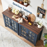 Brown and blue sideboard cabinet with wood tabletop and two glass doors