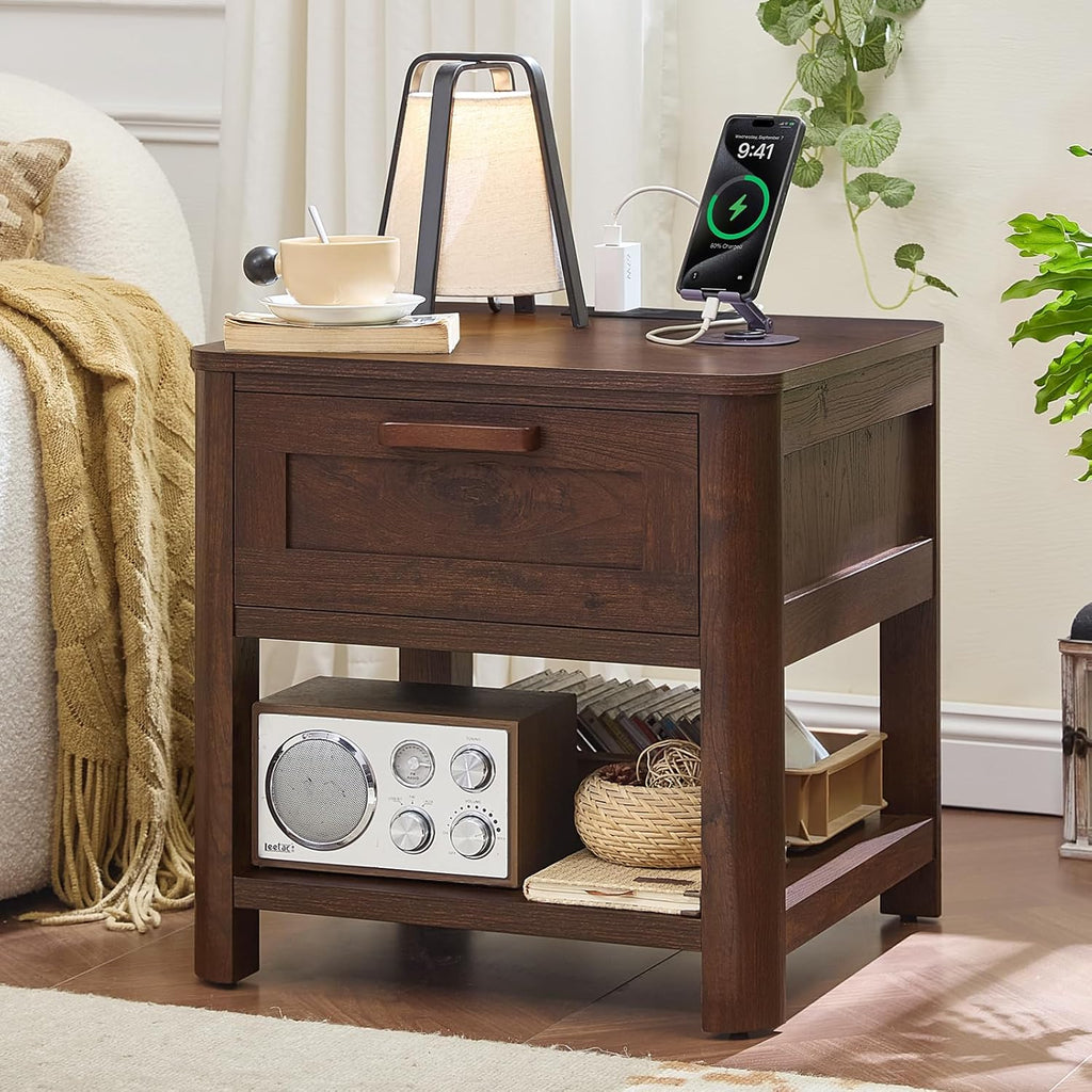 Dark walnut end table with drawer and open shelf, charging station on top
