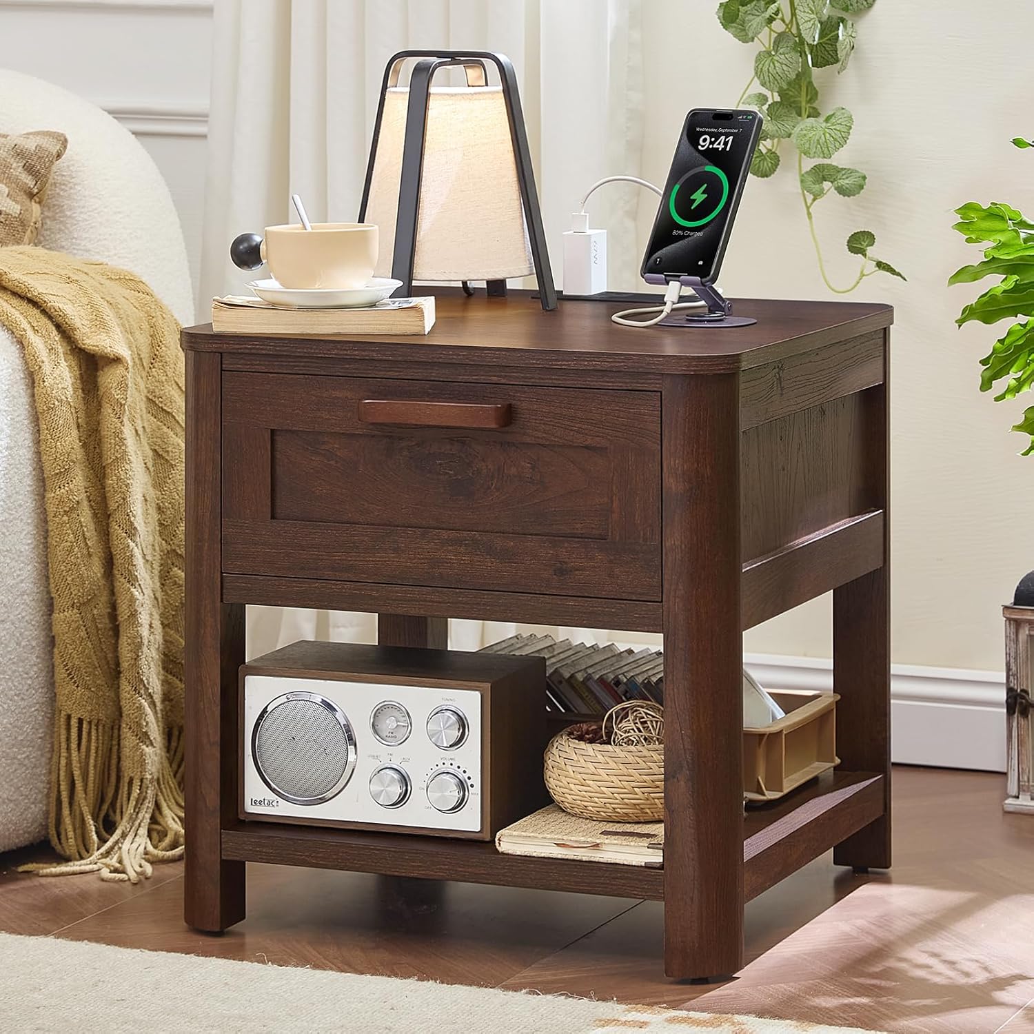 Dark walnut end table with drawer and open shelf, charging station on top