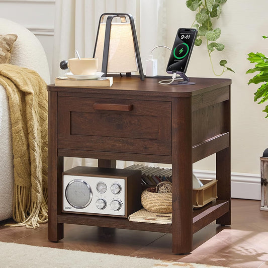 Dark walnut end table with drawer and open shelf, charging station on top