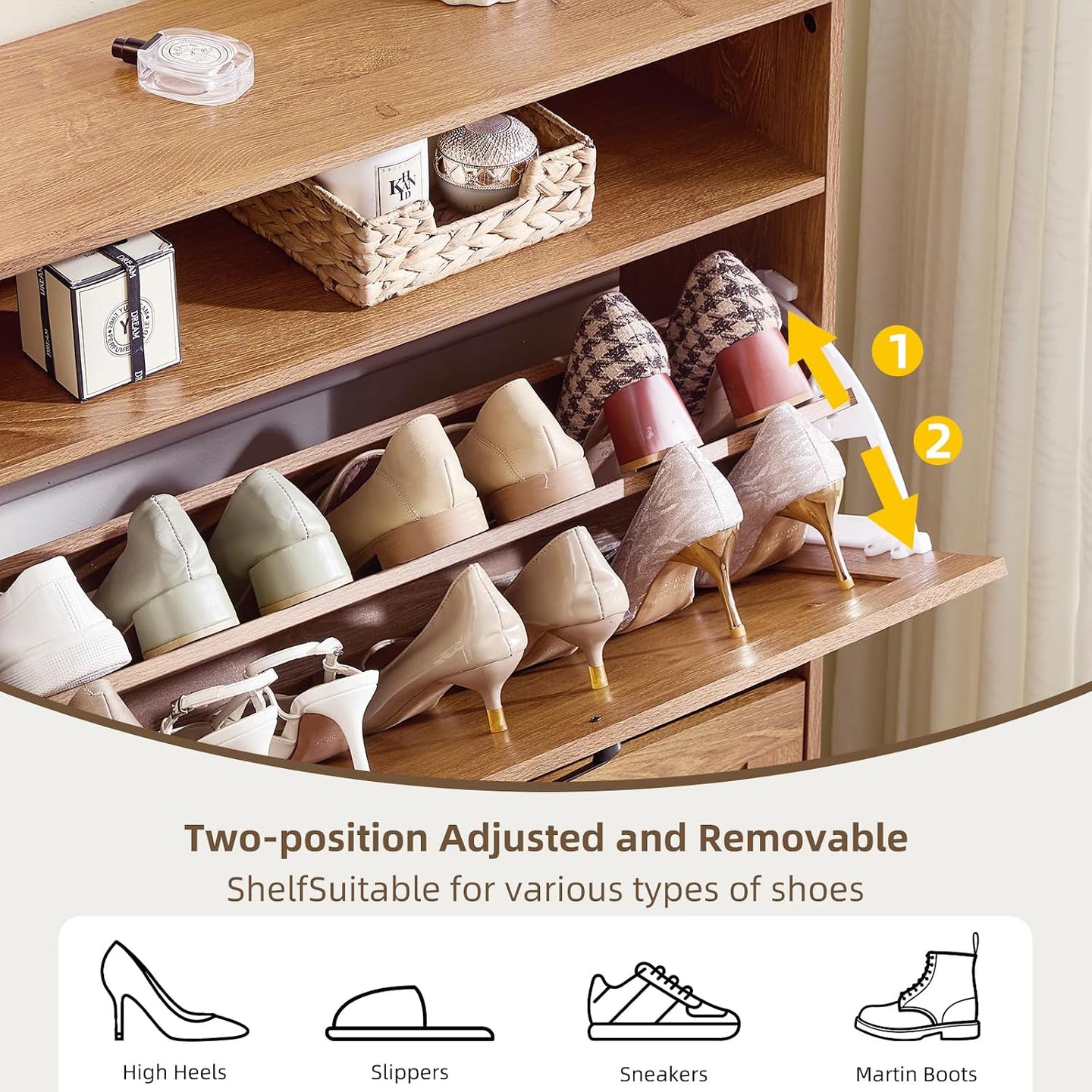 Shoe storage cabinet interior with two-level adjustable shelves holding multiple shoes