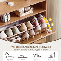 Shoe storage cabinet interior with two-level adjustable shelves holding multiple shoes
