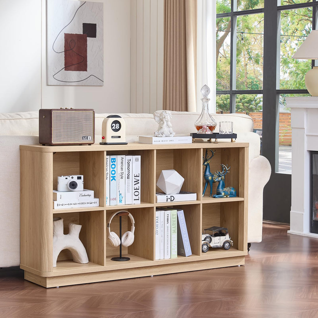 Natural oak cube storage shelf with 8 open compartments and curved front top edge