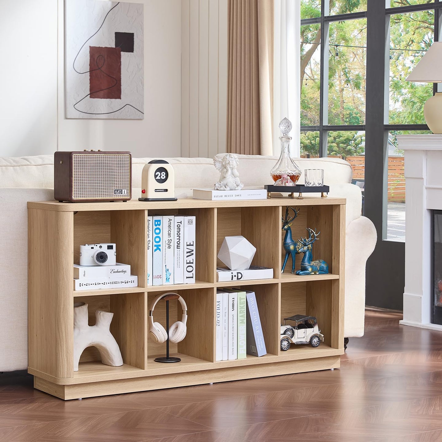 Natural oak cube storage shelf with 8 open compartments and curved front top edge