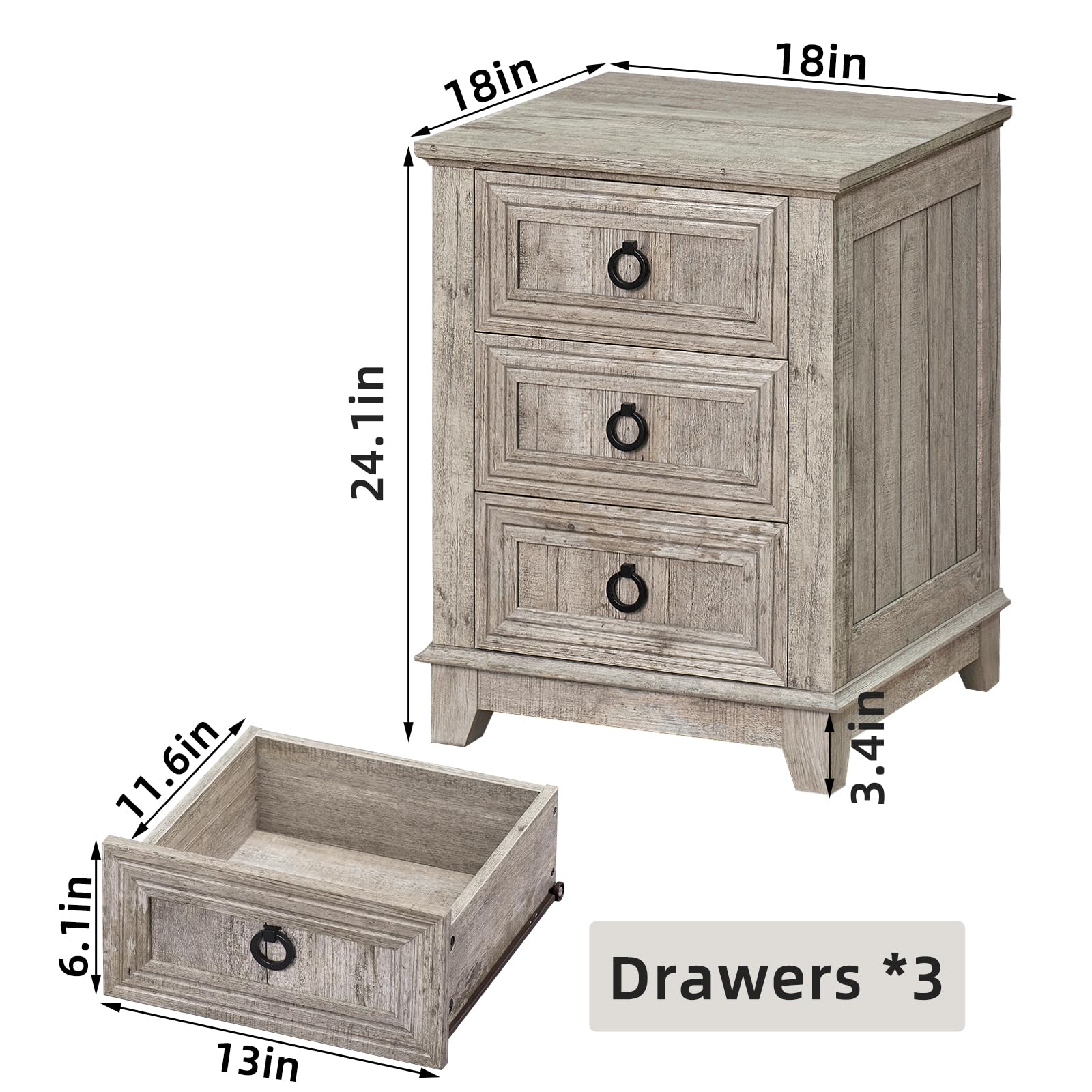 Gray wood three-drawer nightstand cabinet with dimensions shown
